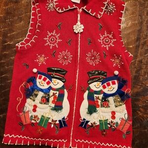 Vintage Kim Rogers  Zip Front Christmas Red Sweater Vest Embroidered Women's S